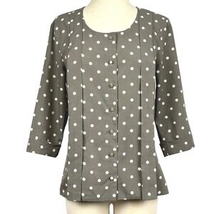 H&M Polka Dot Blouse Womens US 6 Taupe White Button Front Pleated 3/4 Sleeve